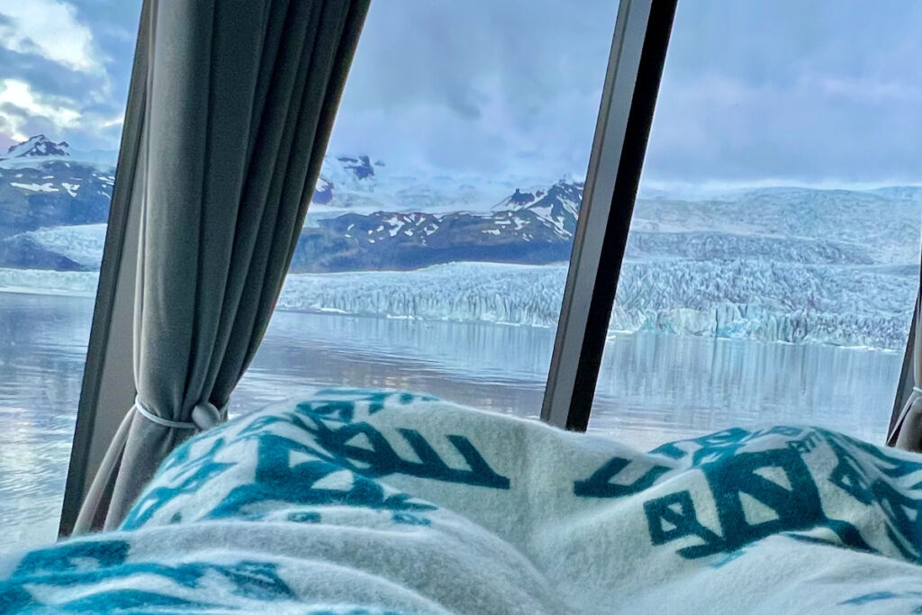 View to glacier from bed in a igloo boat.