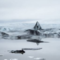 Picture of glacial lagoon called Hoffell lagoon, with many floating icebergs and Hoffelljökull glacier in the background.