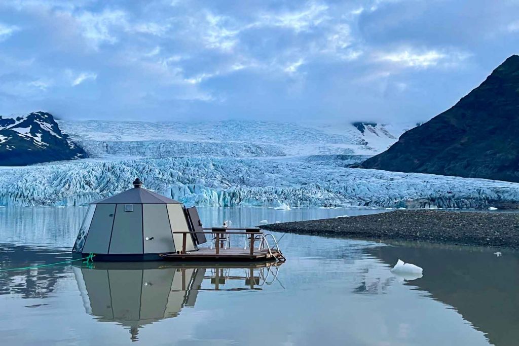 Floating igloo hut with stunning views of the glacier in the background.
