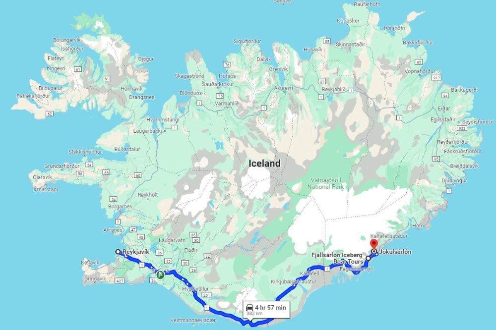 Reykjavik - Fjallsarlon - Jokulsarlon Map