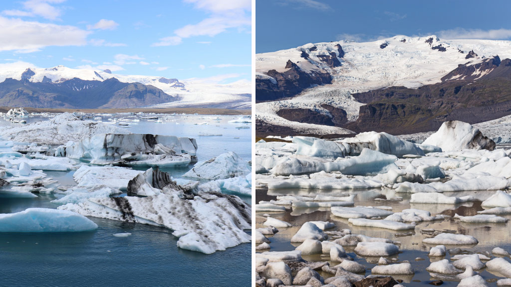 Jökulsárlón glacier lagoon (on the left) and Fjallsárlón glacier lagoon (on the right) are only a few minutes driving time apart. Jökulsárlón glacier lagoon (on the left) and Fjallsárlón glacier lagoon (on the right) are only a few minutes driving time apart.