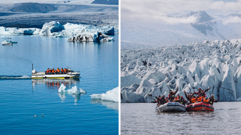 You can book boat tours on Jökulsárlón (on the left) and on Fjallsárlón (on the right) and explore the floating icebergs and the glaciers edge. You can book boat tours on Jökulsárlón (on the left) and on Fjallsárlón (on the right) and explore the floating icebergs and the glaciers edge.
