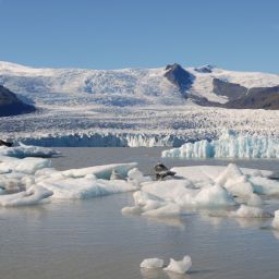 View over Fjallsárlón glacial lagoon with Fjallsjökull glacier and mountains in the back.
