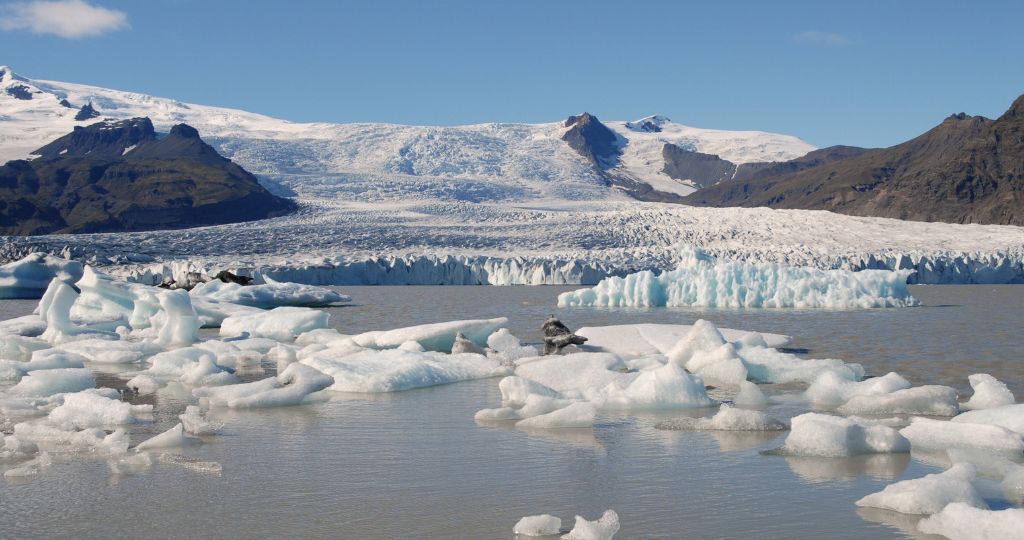 View over Fjallsárlón glacial lagoon with Fjallsjökull glacier and mountains in the back.